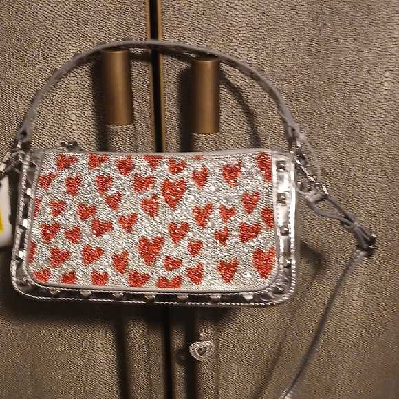 Heart Patterned Silver and Red Women's Bag - Picture 1 of 6